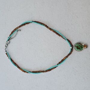 Beautiful Beaded Turquoise & Brown Colored Necklace w/ Amber Colored Rhinestones